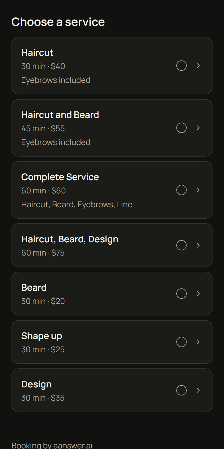 A service list on a booking page, with names, lengths, and prices.