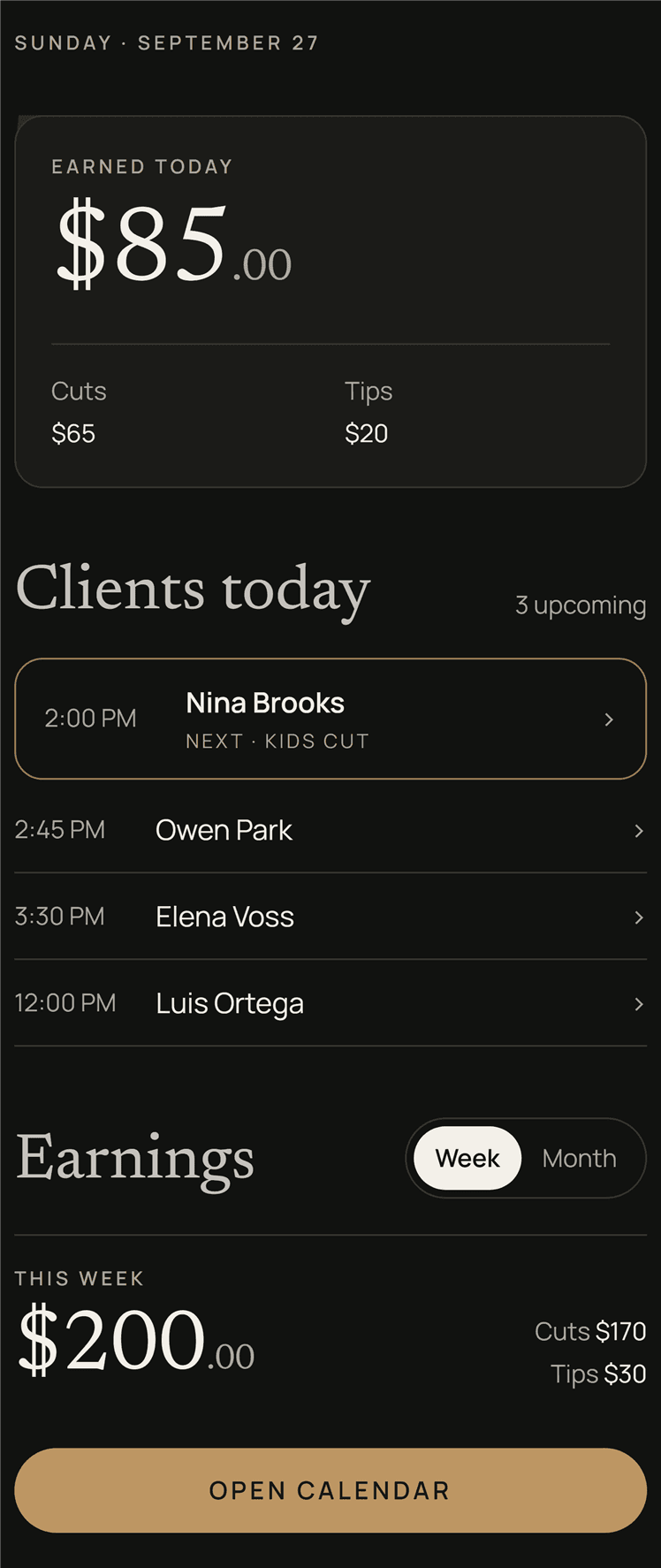 The barber dashboard, with earnings recorded today, cuts and tips, the next clients, and a switch between this week and this month.