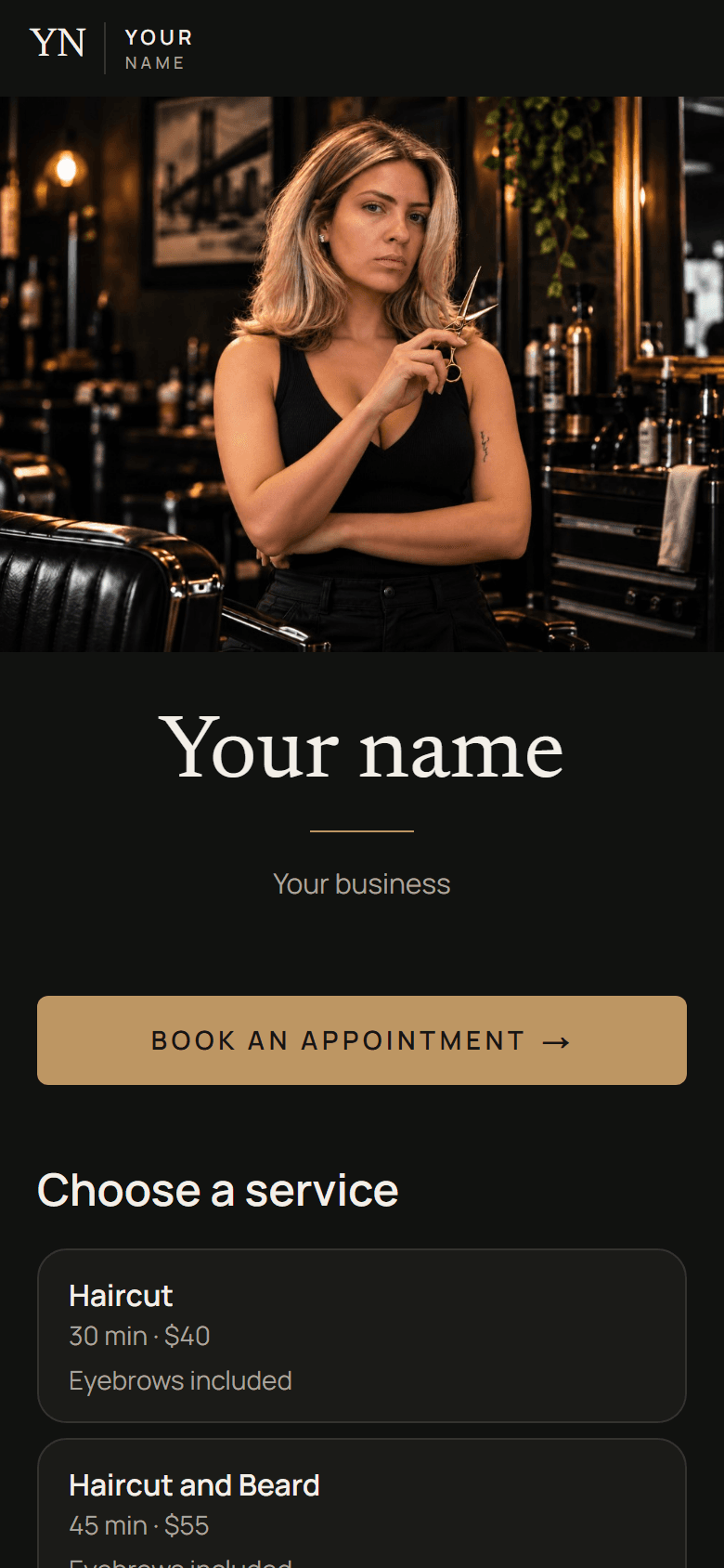 A booking page on a phone, with a barber holding gold scissors, services, and a button to book an appointment.